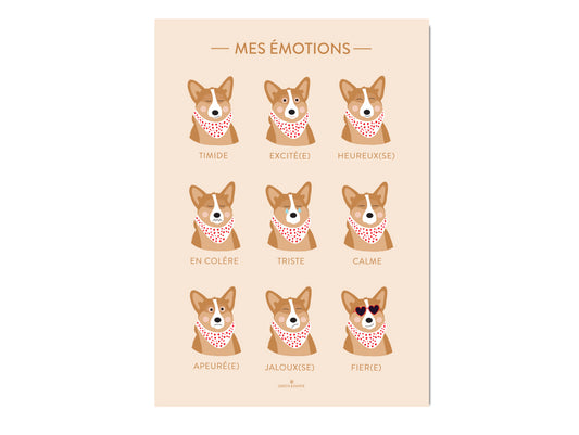 affiche des émotions corgi pour enfants ludique et éducative green and paper