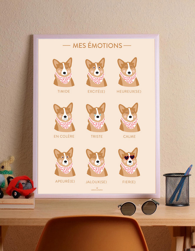 affiche des émotions corgi pour enfants ludique et éducative green and paper