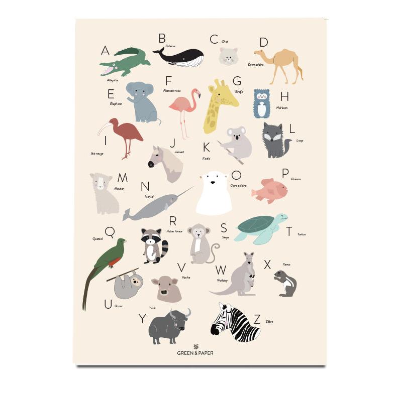 abécédaire des animaux pour chambre de bébé green and paper