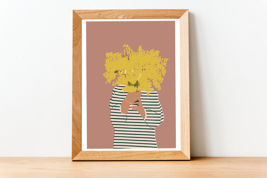 affiche-femme-qui-teint-un-bouquet-de-mimosa-green-and-paper