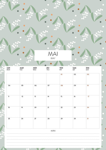 Calendrier mural 2026 grand format avec cases Green and Paper