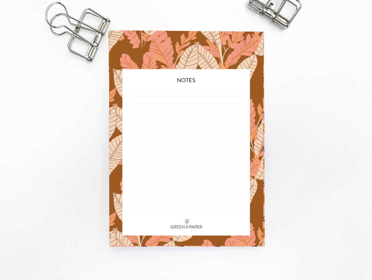 bloc notes rose avec feuilles terracotta green and paper