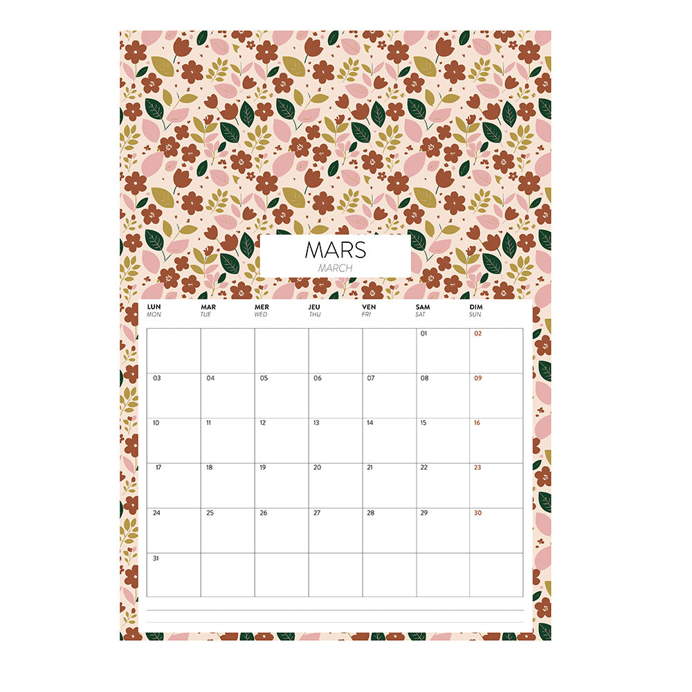 Calendrier mural 2025 grand format avec cases Green and Paper