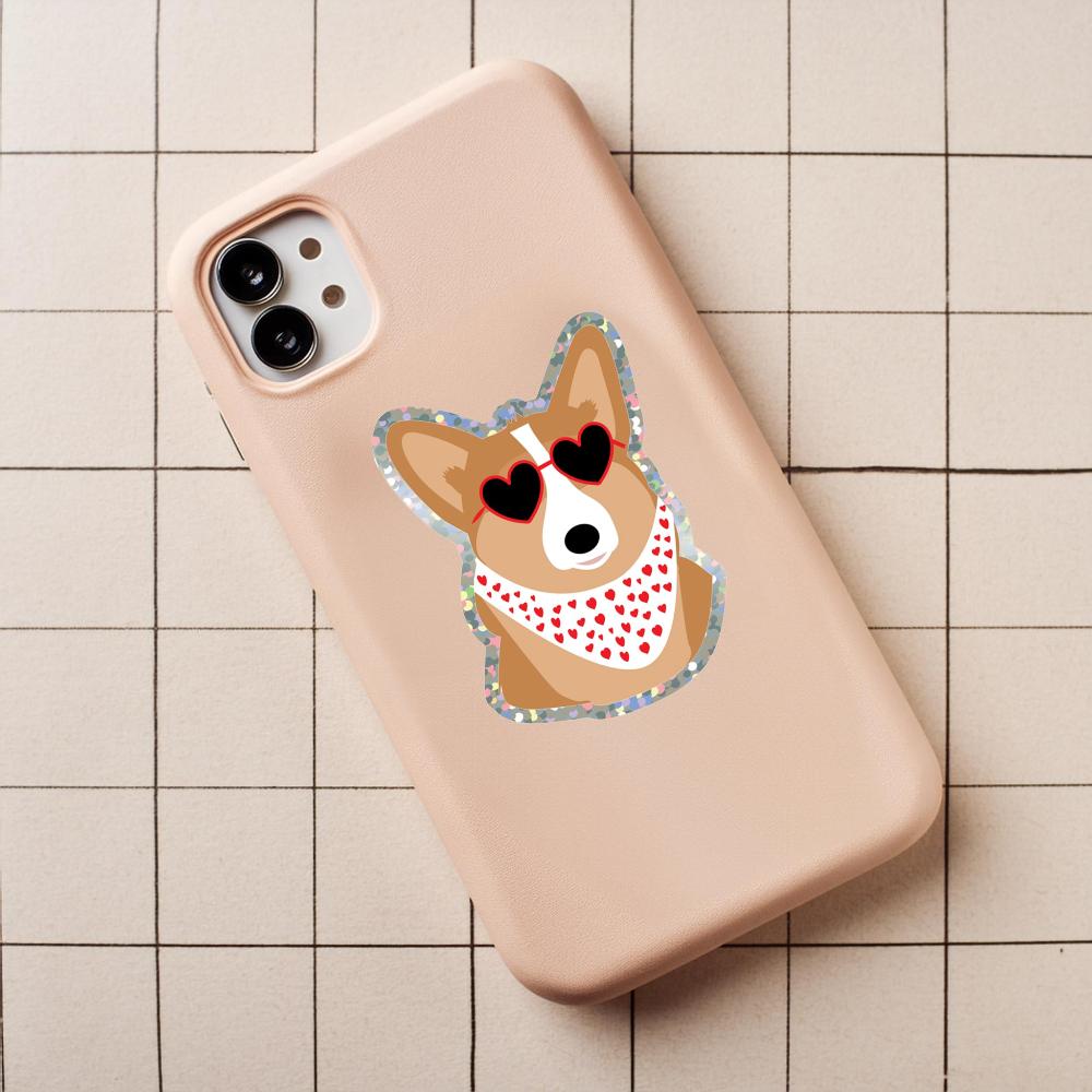 stickers-paillete-chien-corgi-a-lunettes-green-and-paper-fond-rose