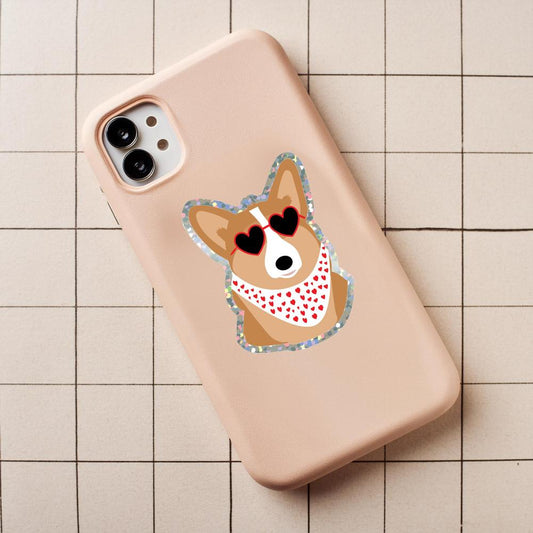 stickers-paillete-chien-corgi-a-lunettes-green-and-paper-fond-rose