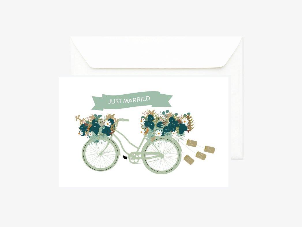 Carte de mariage vélo just married Green and Paper